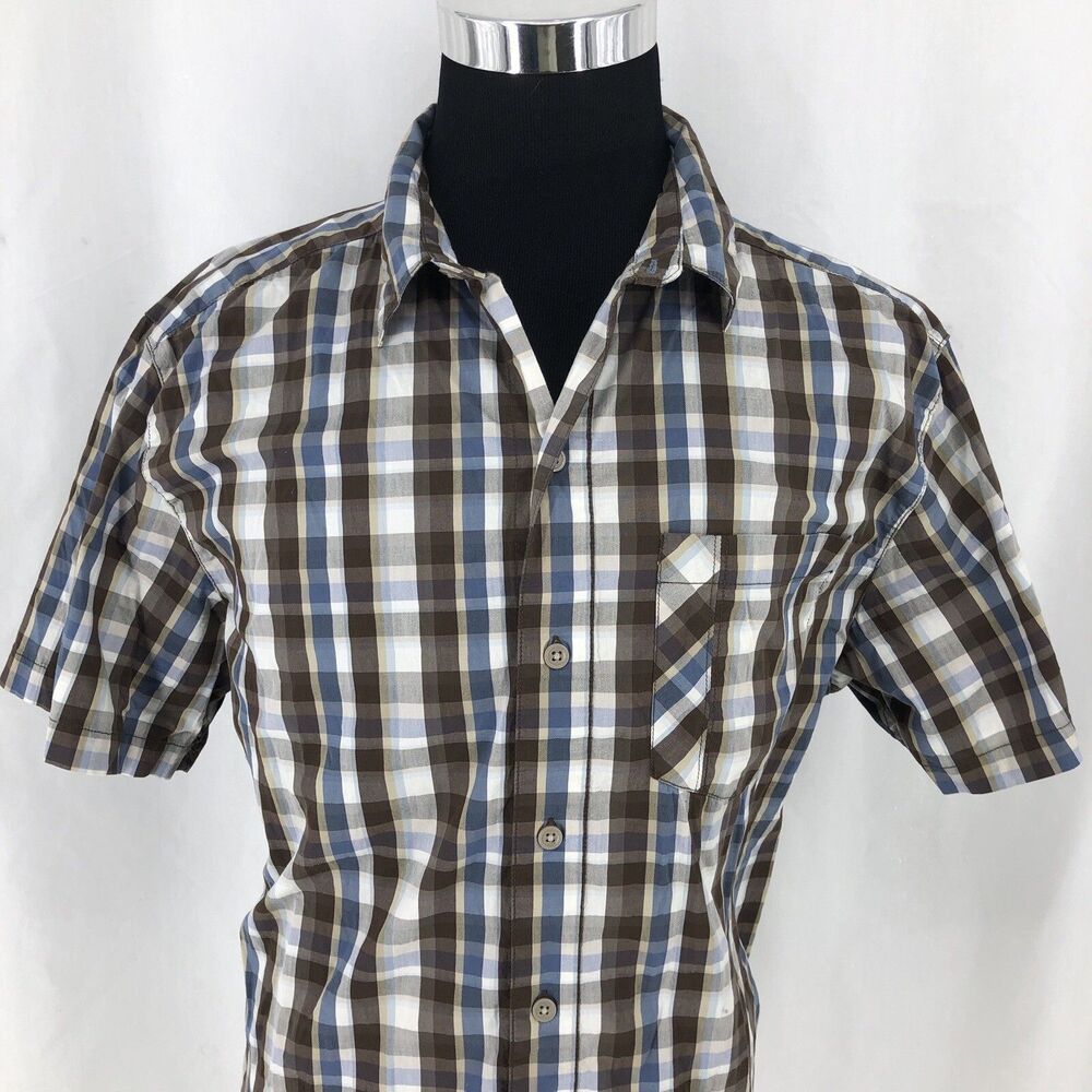 Columbia Boulder Ridge Gray Brown Plaid Short Sleeve Button Up Camp Shirt Large